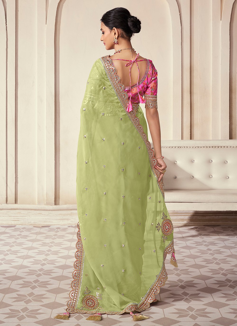 Grandiose Green Organza Embroidered Wedding Indian Saree