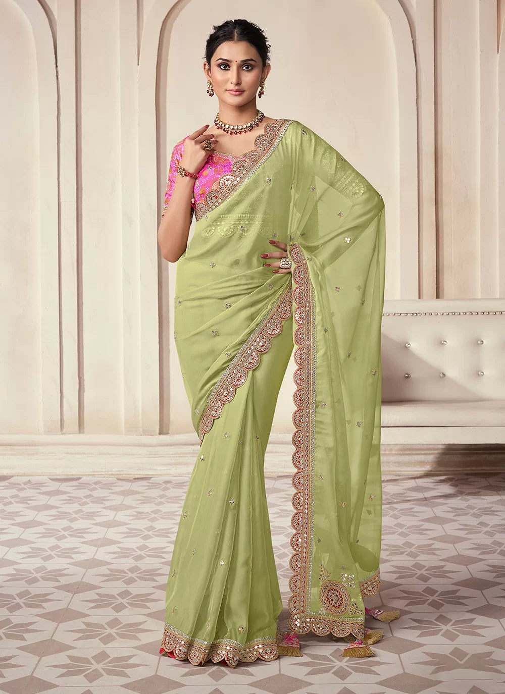 Grandiose Green Organza Embroidered Wedding Indian Saree
