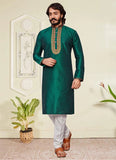 Green Art Silk Embroidered Mens Kurta Pajama For Wedding