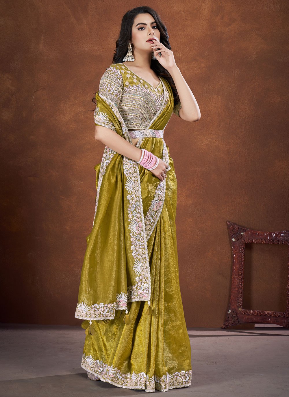 Green Banarsi Crush Silk Designer Saree with Net Stitched Blouse