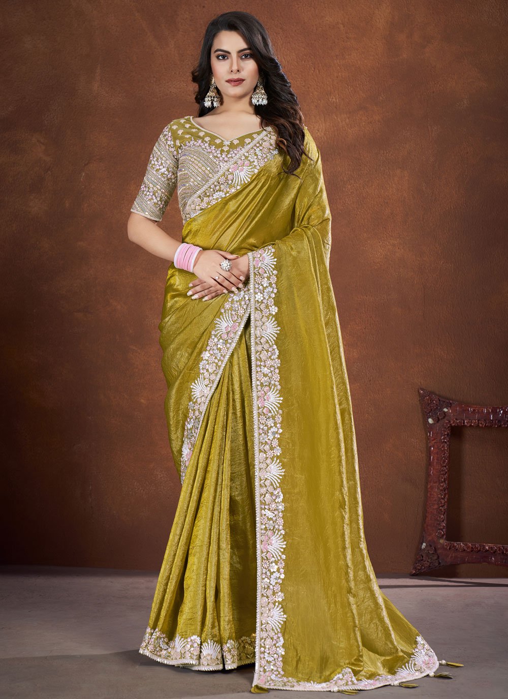 Green Banarsi Crush Silk Designer Saree with Net Stitched Blouse