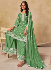 Gorgeous Green Chinnon Silk Embroidered Palazzo Salwar Suit | Festive Wear