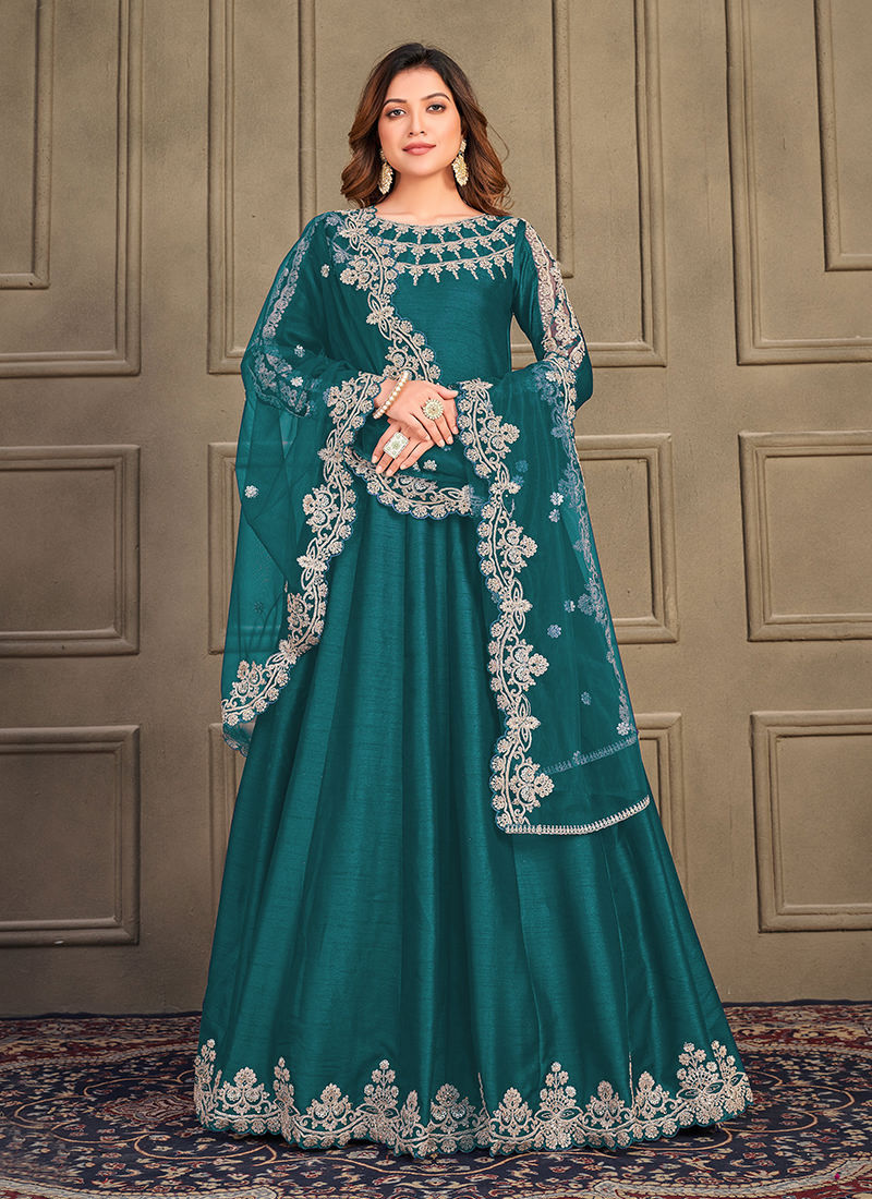 Green Color Art Silk Wedding Anarkali Suit