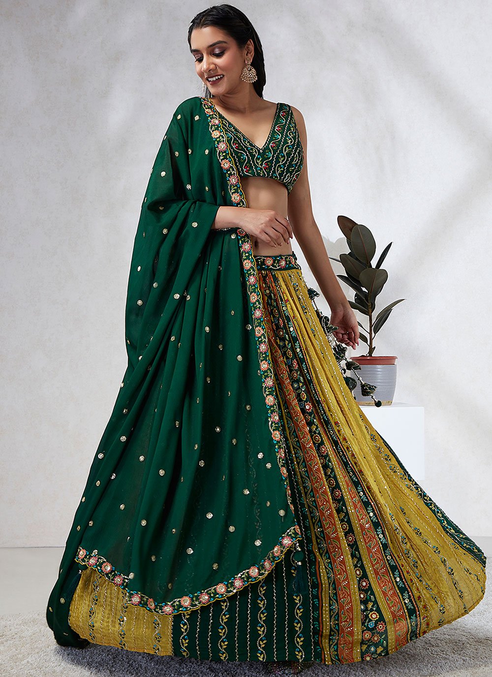 Green Color Silk Chiffon Sequins And Mirror Work Lehenga Choli