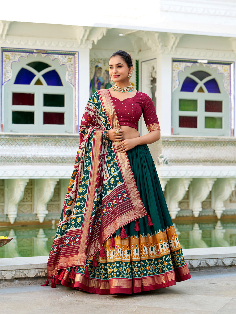 Green Tasar silk lehenga choli with Patola print