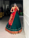 Green lehenga with jacquard blouse and red dupatta