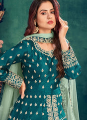 Green Designer Heavy Embroidery Art Silk Anarkali Gown Suit 