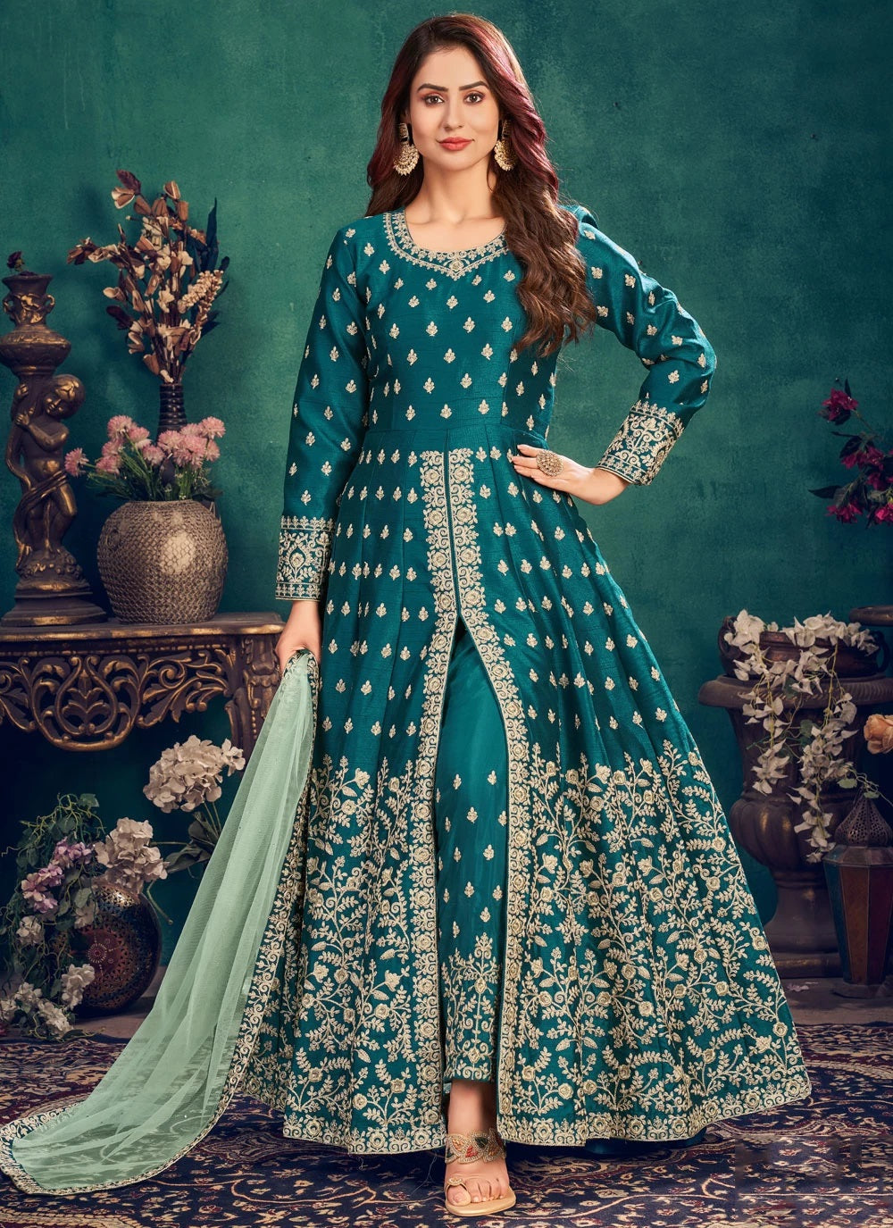Green Designer Heavy Embroidery Art Silk Anarkali Gown Suit