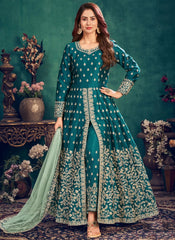 Green Designer Heavy Embroidery Art Silk Anarkali Gown Suit