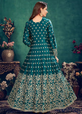Green Designer Heavy Embroidery Art Silk Anarkali Gown Suit