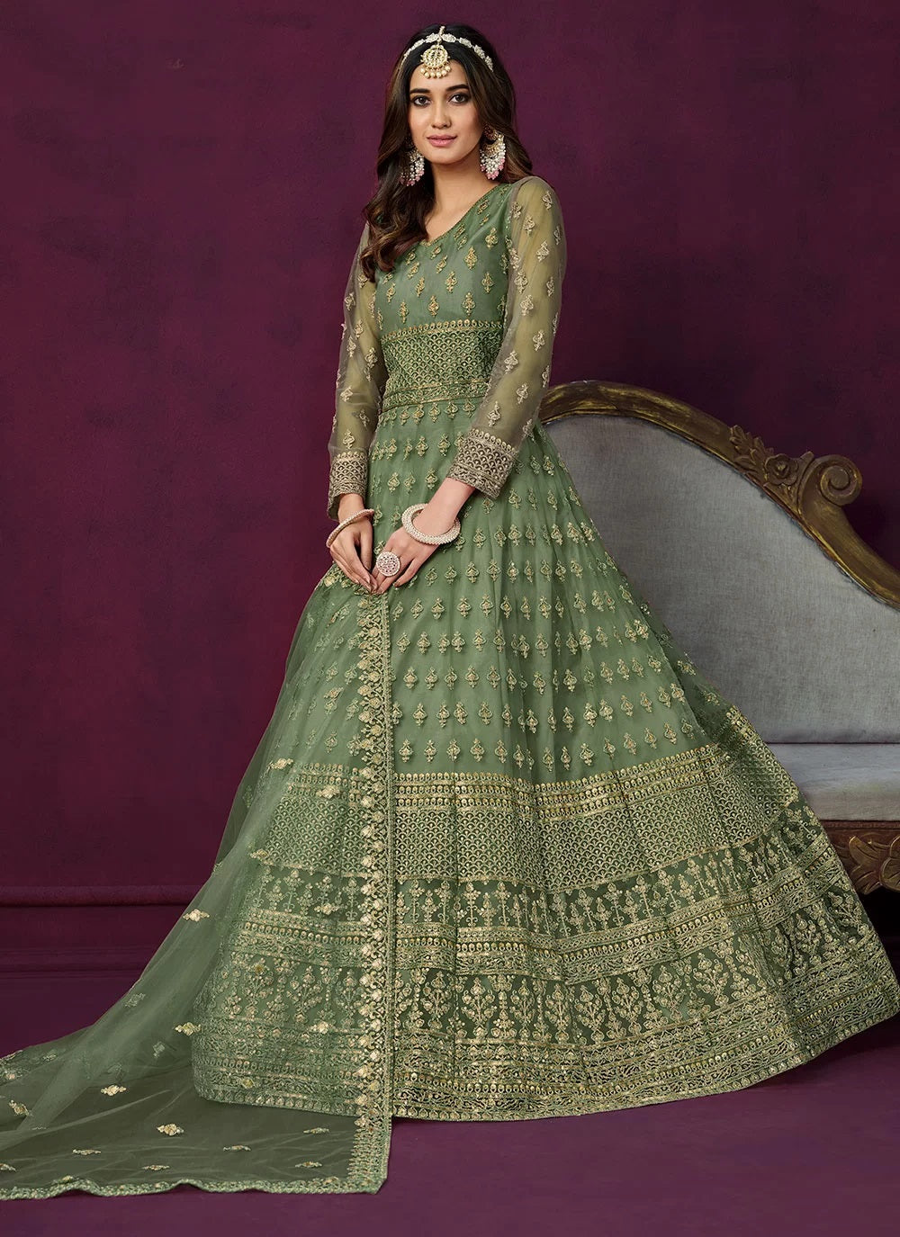 Green Designer Net Sequins Embroidered Anarkali salwar Suit