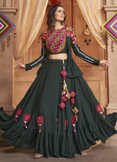 Green Embroidered Navratri Traditional Dress In Rayon