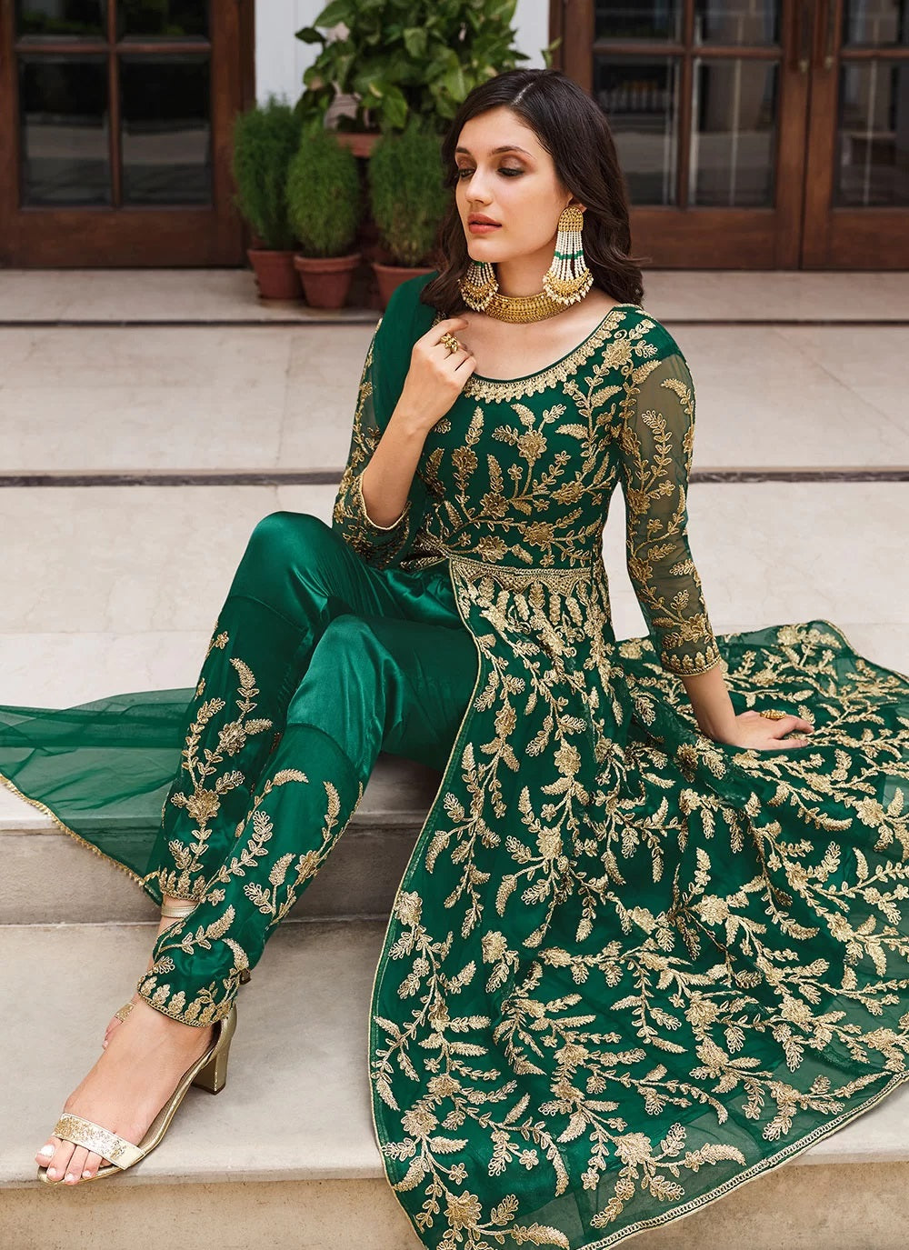 Green Embroidered Net Abaya Style Suit