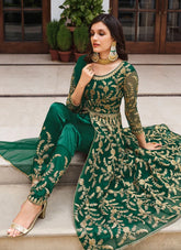 Green Embroidered Net Abaya Style Suit