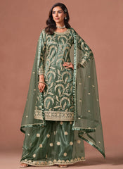 Green net embroidered suit set with matching palazzo bottom and dupatta