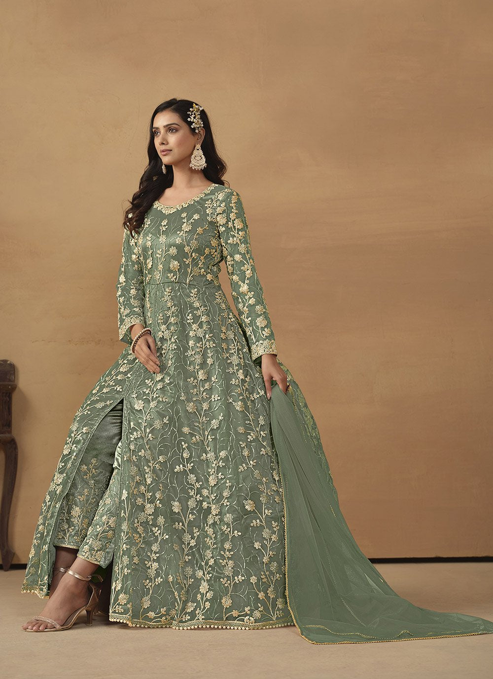 Green Embroidered Pant Style Suit In Net