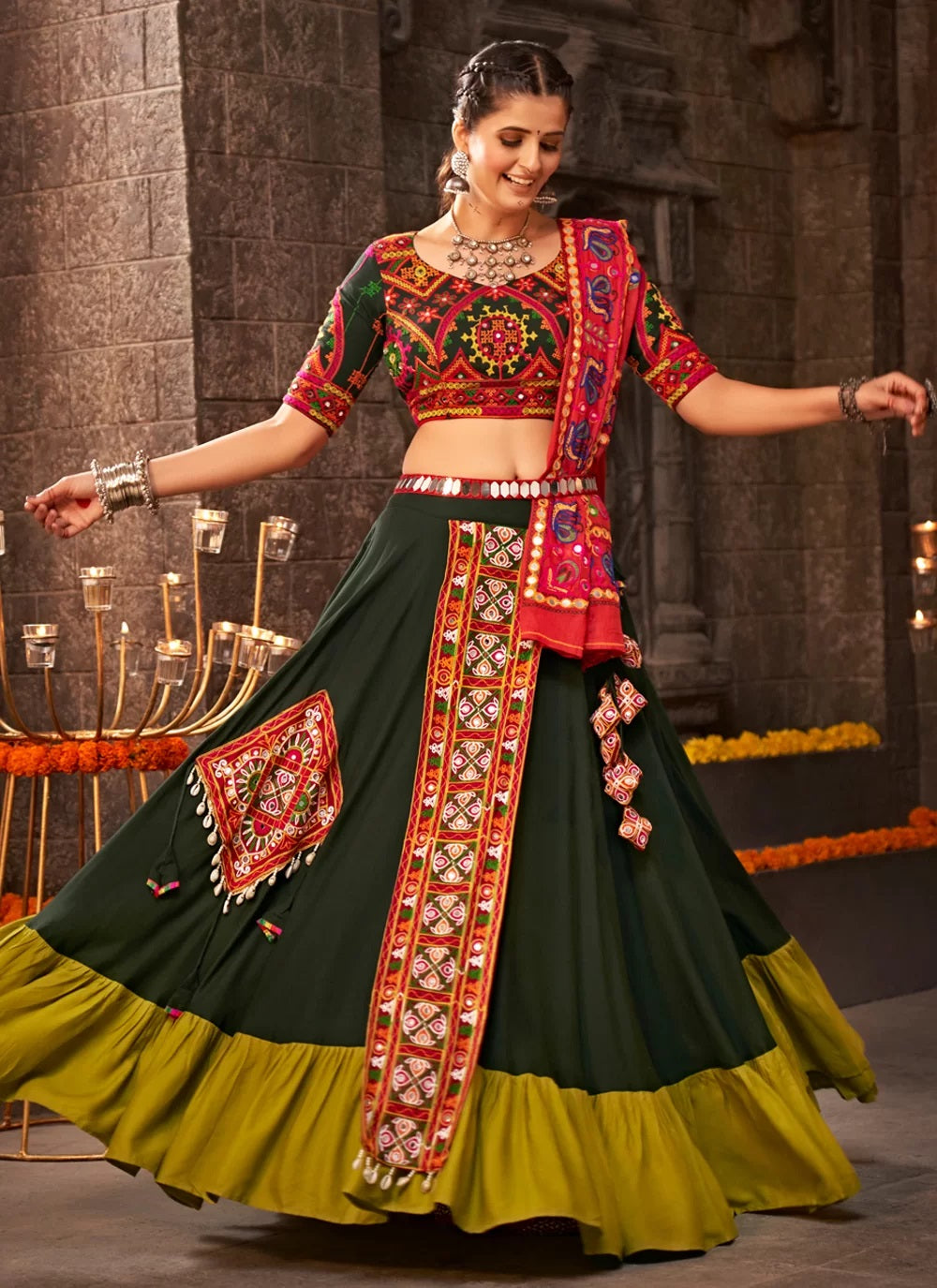 Green Embroidered Rayon Tradtional Navratri Special Chaniya Choli