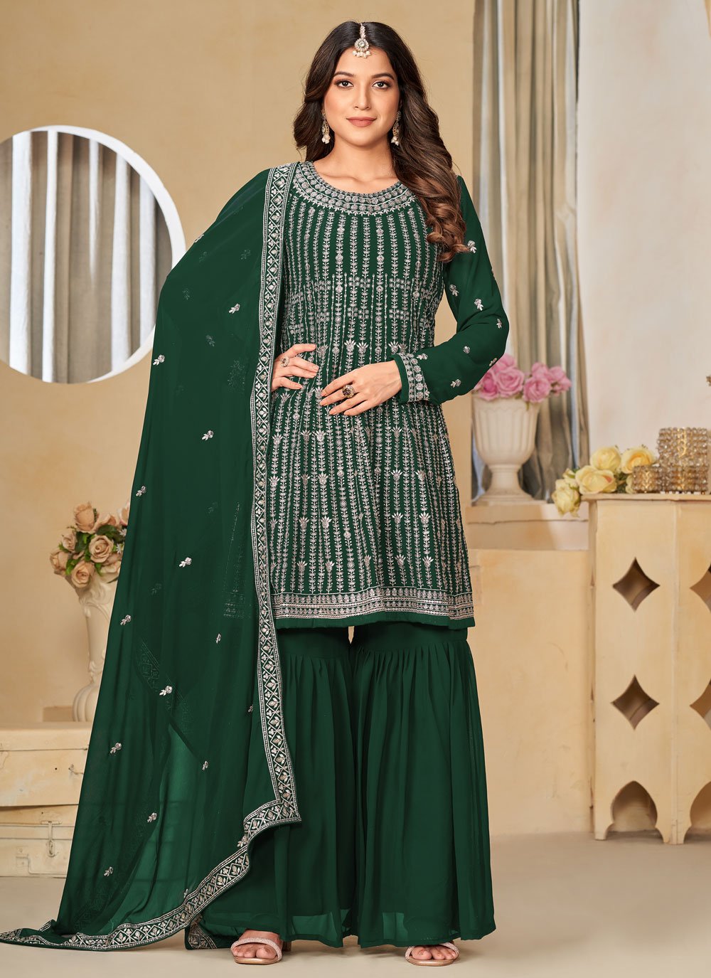 Green Faux Georgette Ethnic Sharara Style Suit For Women