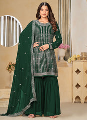 Green Faux Georgette Ethnic Sharara Style Suit For Women
