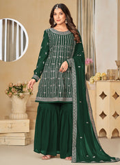 Green Faux Georgette Ethnic Sharara Style Suit For Women
