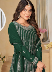 Green Faux Georgette Ethnic Sharara Style Suit For Women
