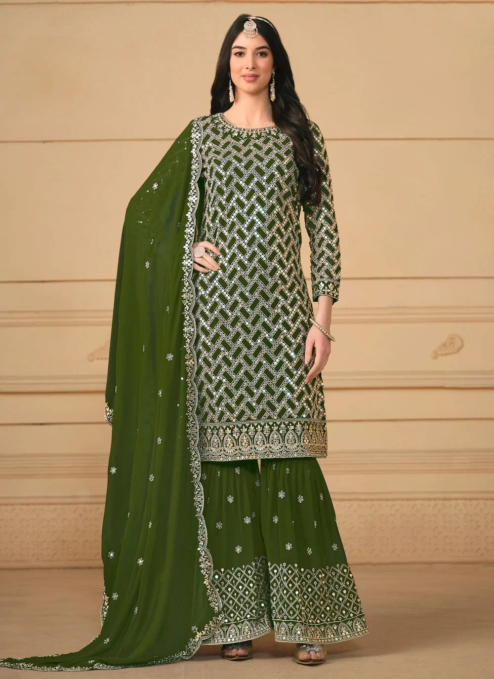 Green Faux Georgette Foil embroidered Palazzo Suit