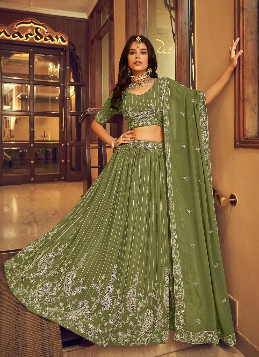 Green Faux Georgette Indian Party Wear Lehenga with Viscose Thread & Sequins Embroidery Work