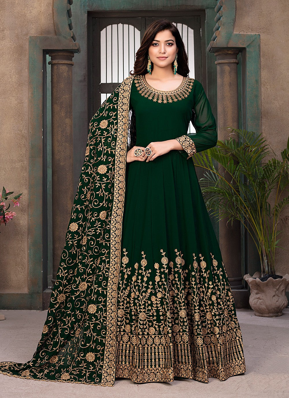 Green Faux Georgette Thread Embroidered Anarkali Suit For Women