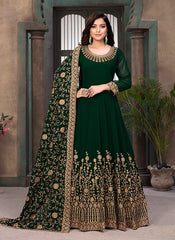 Green Faux Georgette Thread Embroidered Anarkali Suit For Women