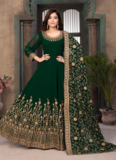 Green Faux Georgette Thread Embroidered Anarkali Suit For Women