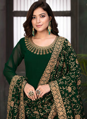 Green Faux Georgette Thread Embroidered Anarkali Suit For Women
