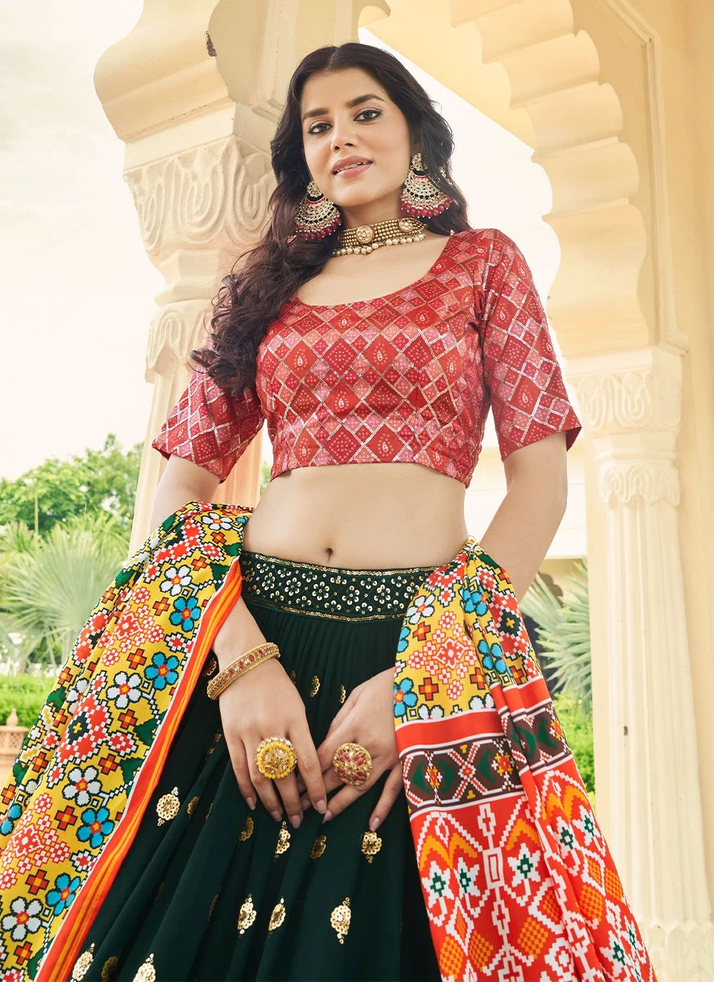 Green Georgette Sequins A Line Lehenga With Silk Blouse