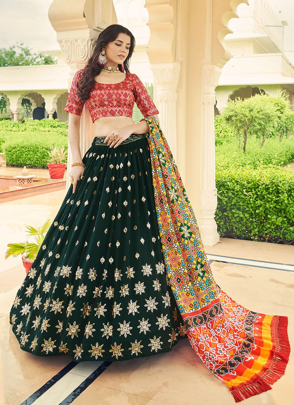 Green Georgette Sequins A Line Lehenga With Silk Blouse