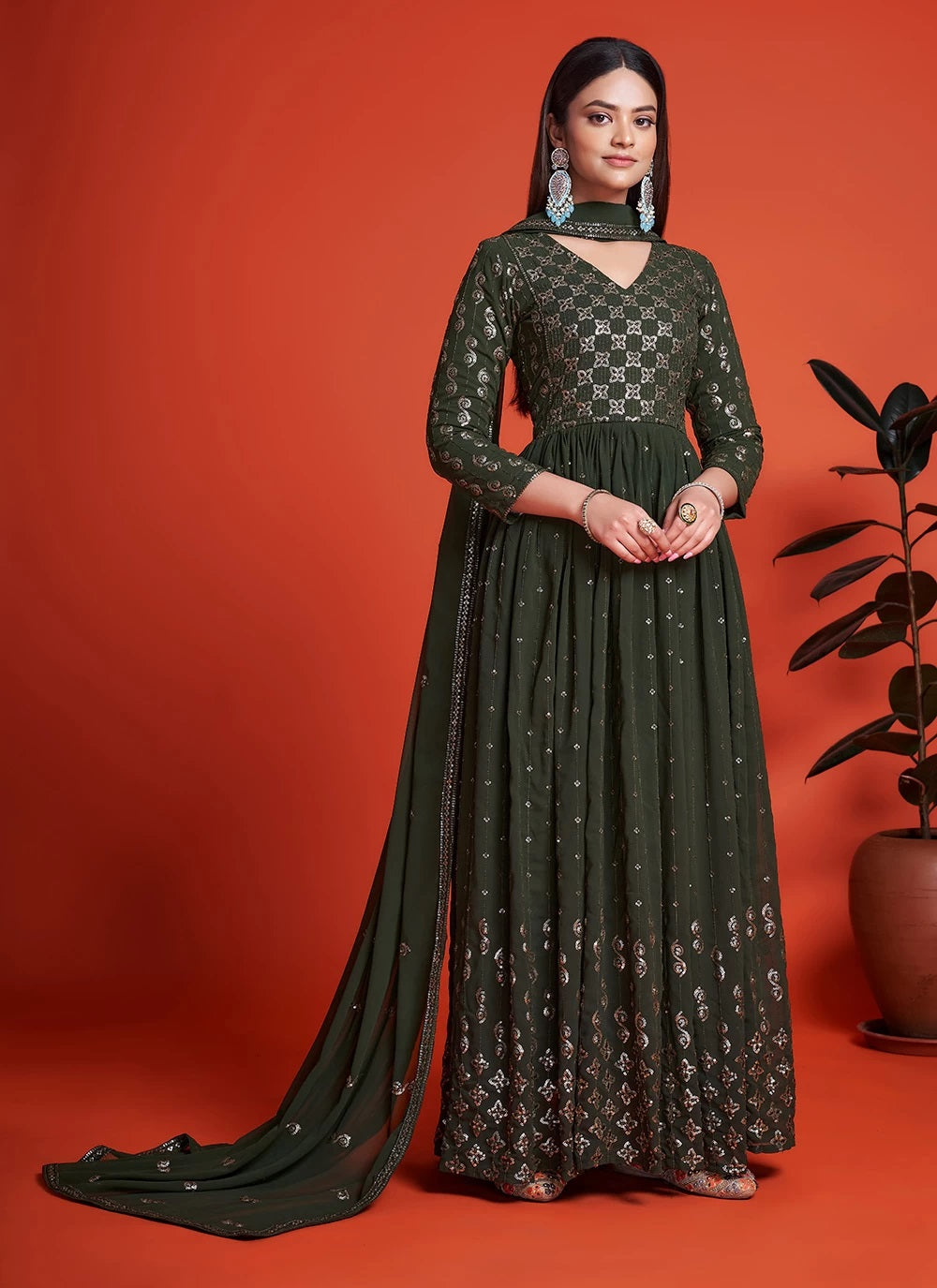 Green Georgette Sequins Embroidered Party Wear Gown
