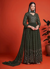 Green Georgette Sequins Embroidered Party Wear Gown