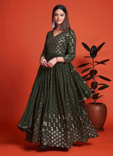 Green Georgette Sequins Embroidered Party Wear Gown