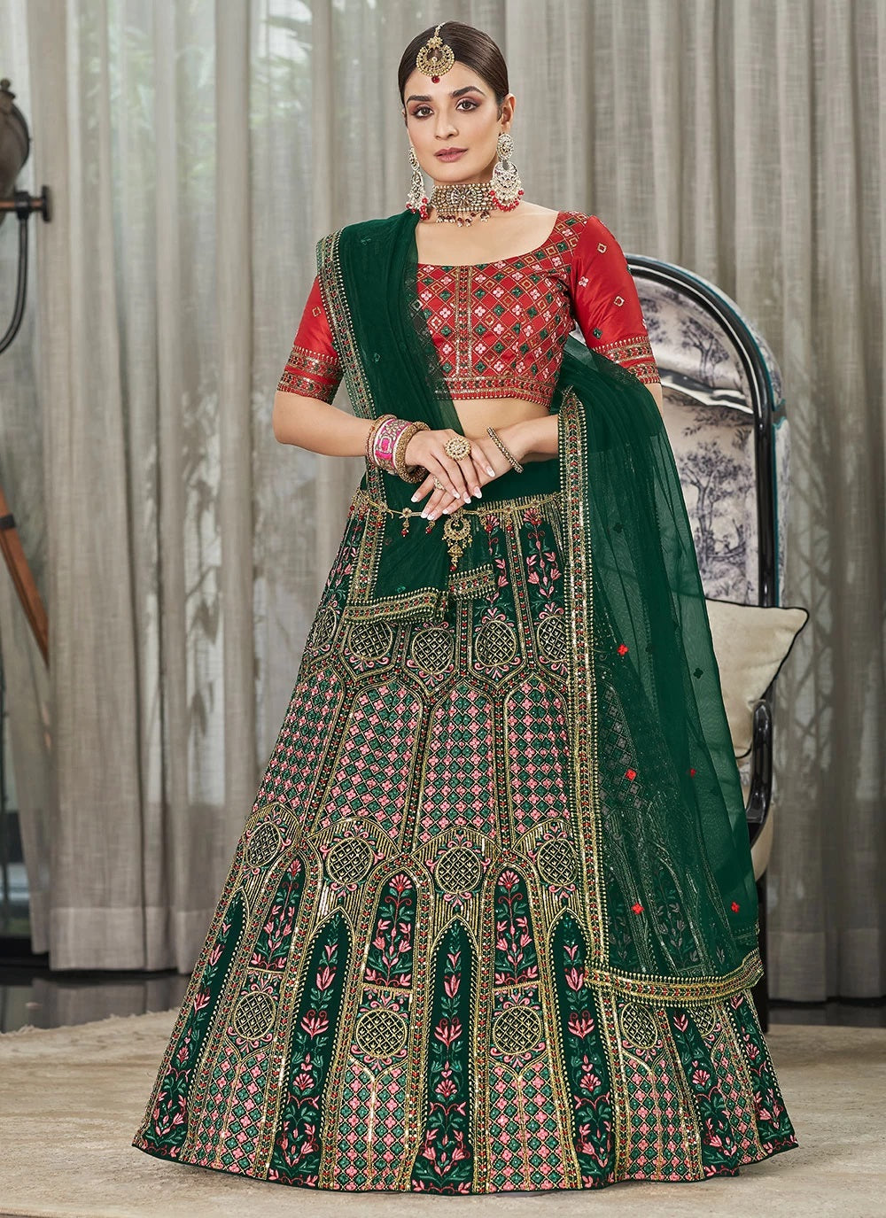 Green Georgette Thread Sequins and Stone Pasting Indian Lehenga Choli