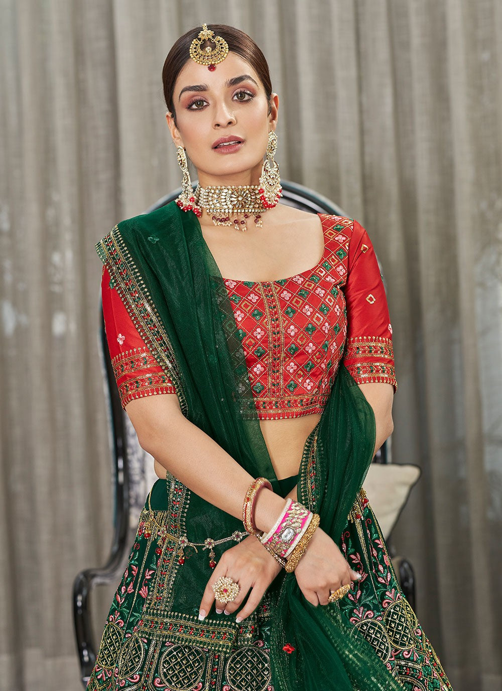 Green Georgette Thread Sequins and Stone Pasting Indian Lehenga Choli