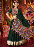 Green mirror work viscose cotton lehenga choli with dupatta for Navratri Garba, featuring kutchi embroidery and tassel detailing