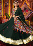 Green mirror work viscose cotton lehenga choli with dupatta for Navratri Garba, featuring kutchi embroidery and tassel detailing