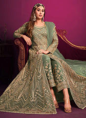 Green Net Sequins Embroidered Anarkali Suit For Women