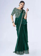 green satin silk ready to wear saree with handwork, designer pre-stitched saree for festive and party wear