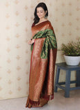 Traditional Green Red Banarasi Silk Saree with Gold Zari Geometric Weave