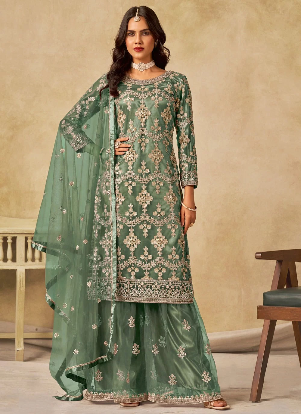 Green Sequins Embroidered Net Sharara Suit with Satin Inner – Stylish Festive & Party Wear Outfit