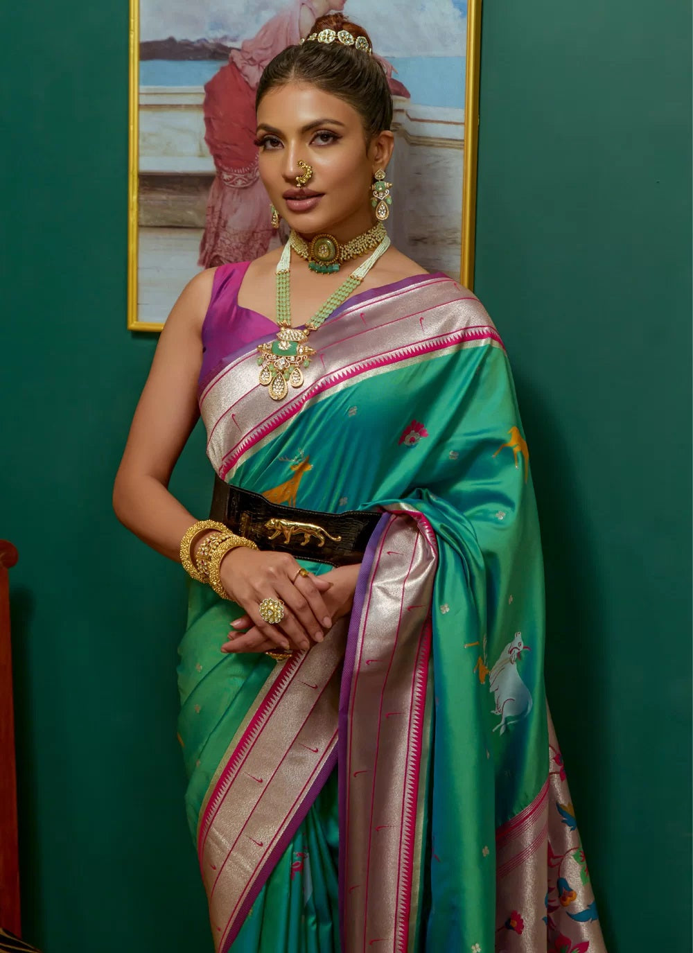 Green Soft Paithani Silk Saree With Zari Weaving