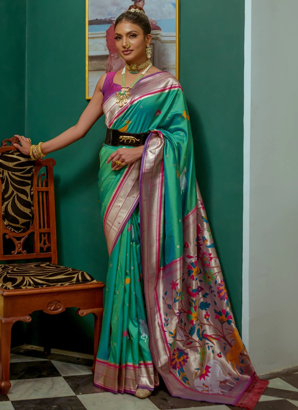 Green Soft Paithani Silk Saree With Zari Weaving