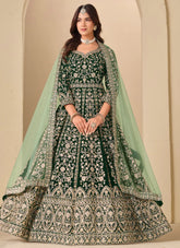 Green Velvet Abaya Style Anarkali Suit | Front & Back Embroidery