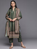 Green Velvet Women Floral Printed Kurta with Trousers