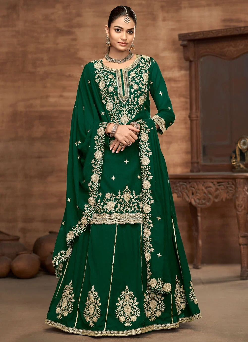 Royal Green Vichitra Silk Readymade Wedding Lehenga Set