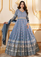 Grey and Blue Two Tone Faux Georgette Party Wear Anarkali Dress